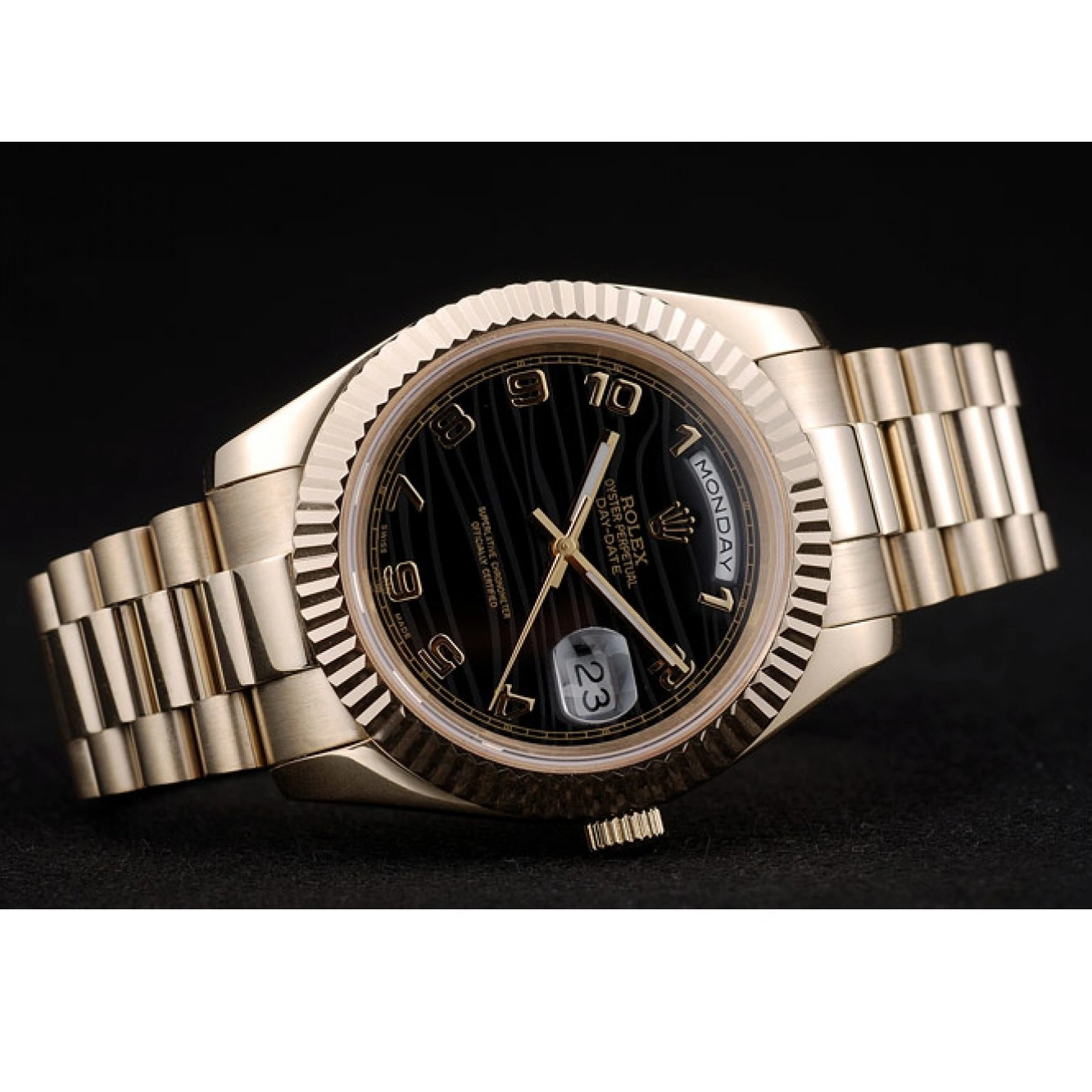 Aaa replica watch DayDate Rolex 41998 Gold Dial Steel Stainless Bezel Black Ribbed Swiss 1029